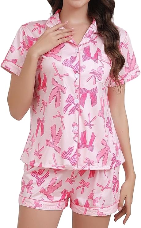 Cute & Comfy: Women’s 2-Piece Bow Print Pajama Set for Sweet Dreams & Stylish Lounging 💖